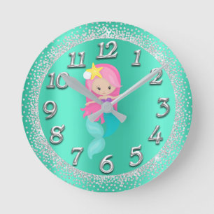 Mermaid Silver Aqua Crystals Confetti Glitzer Rosa Runde Wanduhr