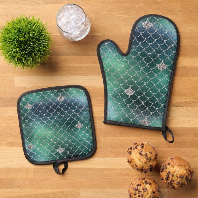 Mermaid Silver Aquamarin Green Ocean Glitz Ofenhandschuh & Topflappen-Set (Oben Unten)