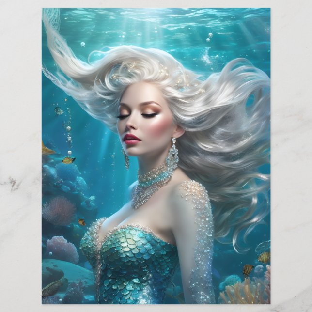 Mermaid Silver Hair Türkis Ocean Paper (Vorderseite)