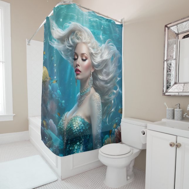 Mermaid Silver Hair Türkis Ozean Duschvorhang (Beispiel)
