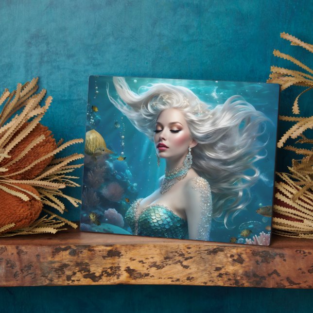 Mermaid Silver Hair Türkis Ozean Fotoplatte (Seite)