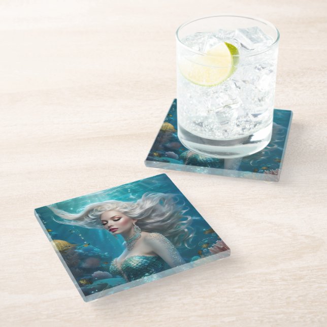Mermaid Silver Hair Türkis Ozean Glasuntersetzer (Schrägansicht)