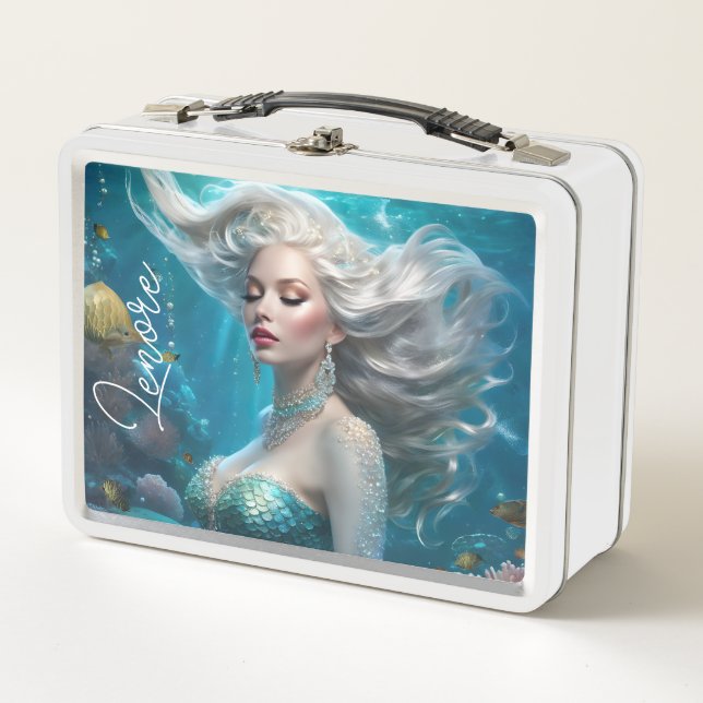 Mermaid Silver Hair Türkis Ozean Metall Brotdose (Vorderseite)
