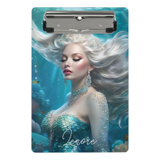 Mermaid Silver Hair Türkis Ozean Mini Klemmbrett (Vorderseite)
