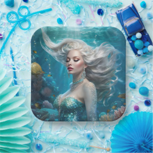 Mermaid Silver Hair Türkis Ozean Pappteller