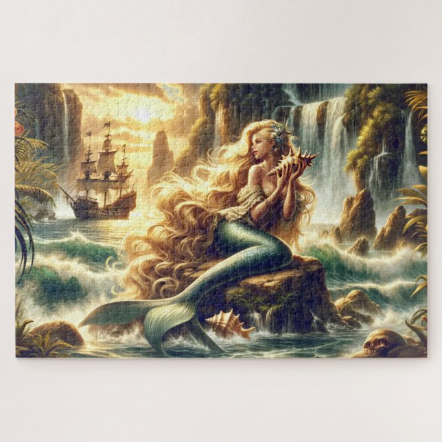 Mermaid Siren Pirate Ship Scene Nautical Decor (Horizontal)