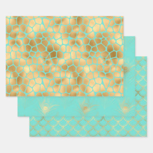 Mermaid-Skala, Giraffenprint und Federn Geschenkpapier Set