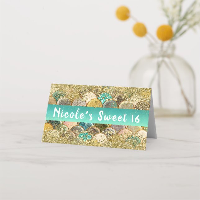 Mermaid-Skala Kaskadieren Gold-Glitzer-Tabellenpla Platzkarte (Vorderseite)