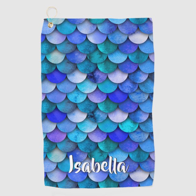 Mermaid-Skalenmuster blaue lila Bezeichnung Golfhandtuch (Vorderseite)