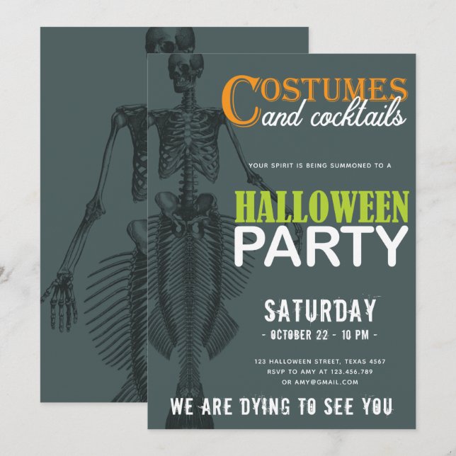 Mermaid Skeleton Modernes Halloween-Party Einladung (Vorne/Hinten)