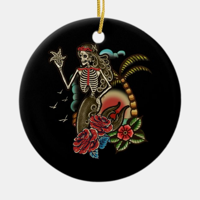 Mermaid Skeleton Traditionelle Tattoo Old School H Keramik Ornament (Vorne)