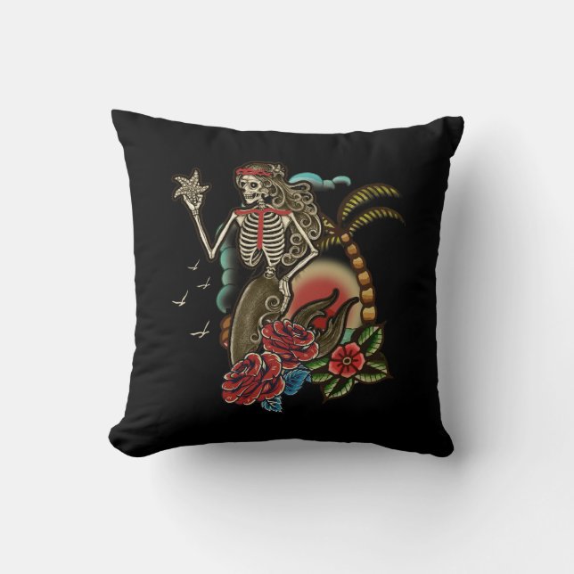 Mermaid Skeleton Traditionelle Tattoo Old School H Kissen (Vorderseite)