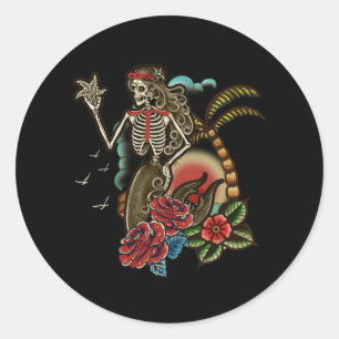 Mermaid Skeleton Traditionelle Tattoo Old School H Runder Aufkleber