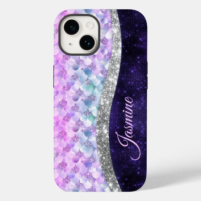 Mermaid skin lila silber Imitate Glitzer monogramm Case-Mate iPhone 14 Hülle (Rückseite)