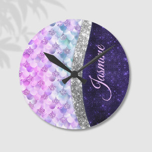 Mermaid skin purple silver faux glitter monogram runde wanduhr