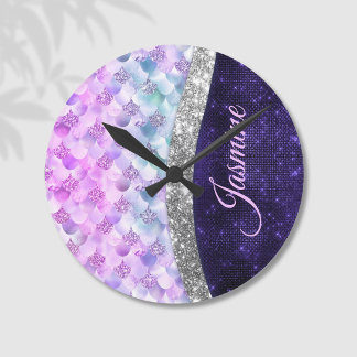 Mermaid skin purple silver faux glitter monogram runde wanduhr