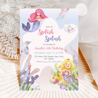 Mermaid Splish Splash 4. Geburtstag Party Einladung