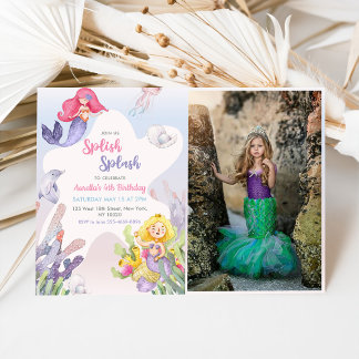Mermaid Splish Splash 4. Geburtstag Party Foto Einladung