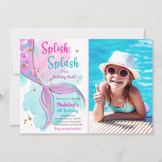 Mermaid Splish Splash Birthday Bash Girl Gold Einladung (Vorderseite)