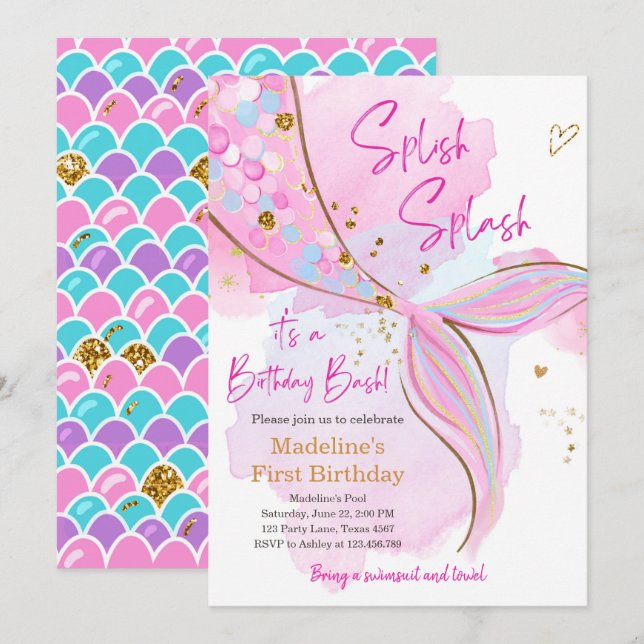 Mermaid Splish Splash Pool Party Girl Birthday Inv Einladung (Vorne/Hinten)