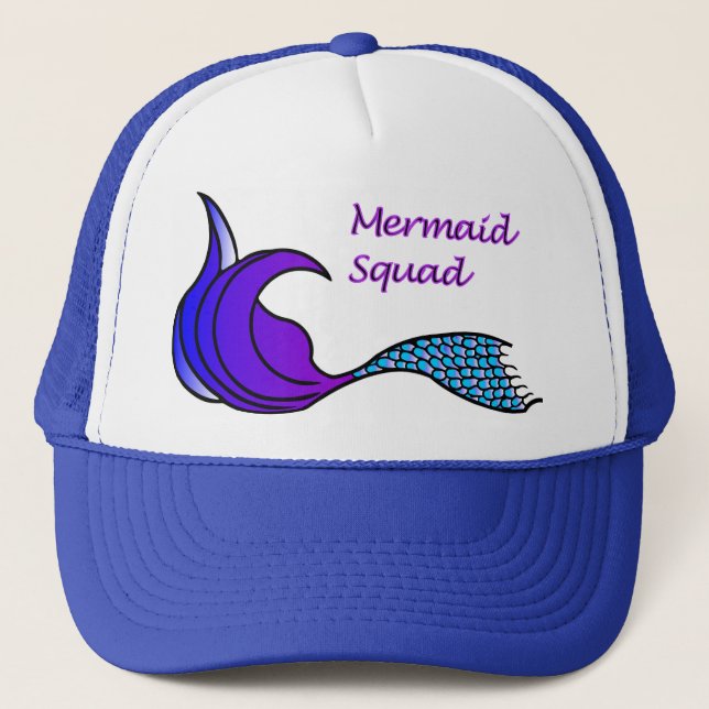 Mermaid-Squad mit lila und blauem Schwanz Truckerkappe (Vorderseite)