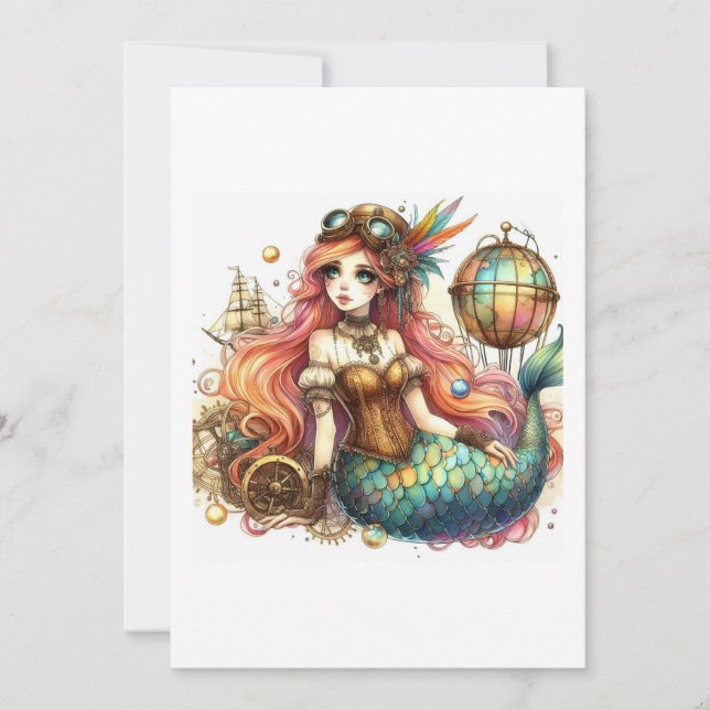 Mermaid Steampunk Einladung (Vorderseite)