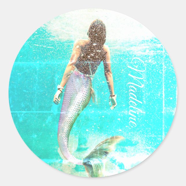 Mermaid Summer Blue Ocean Moderner Chic Runder Aufkleber (Vorderseite)