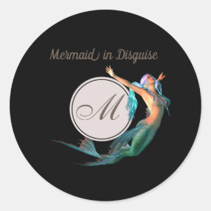 Mermaid Summer Monogram Black Modern Chic Runder Aufkleber