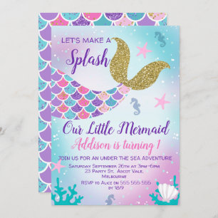 Mermaid Tail Gold Pink Purple Invitation d'anniver