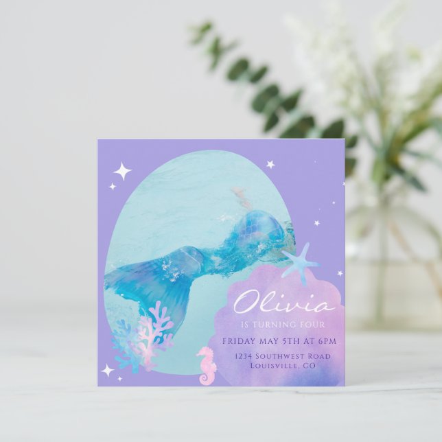 Mermaid Tail Invitation d'anniversaire, sous la me (Debout devant)