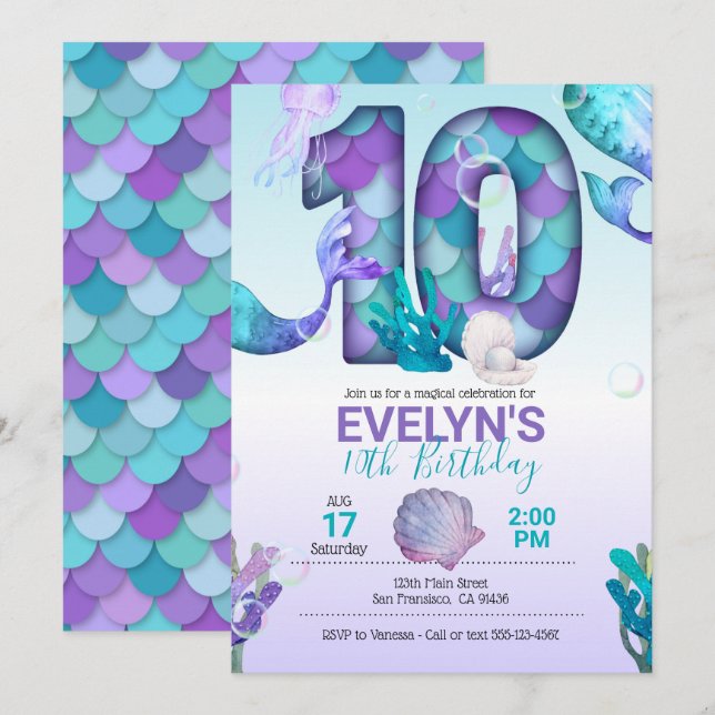 Mermaid Tail Mermaid Invitation pour 10e anniversa (Devant / Derrière)