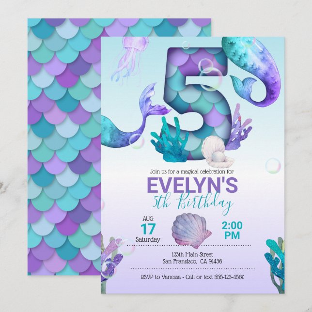 Mermaid Tail Mermaid Invitation pour 5e anniversai (Devant / Derrière)