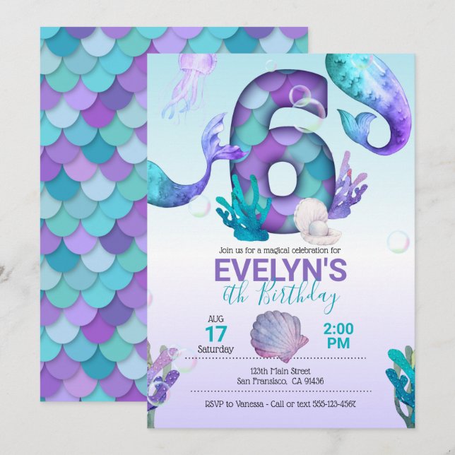 Mermaid Tail Mermaid Invitation pour 6e anniversai (Devant / Derrière)