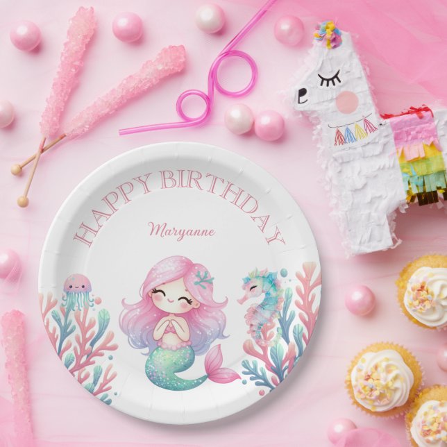 Mermaid Tail Teal Pink Girly Birthday Party Pappteller (Party)