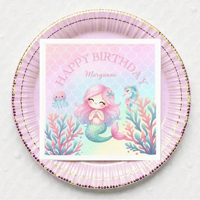 Mermaid Tail Teal Pink Girly Birthday Party Serviette (Von Creator hochgeladen)