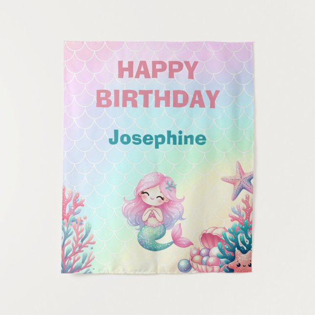 Mermaid Tail Teal Pink Girly Birthday Wandteppich (Vorderseite)
