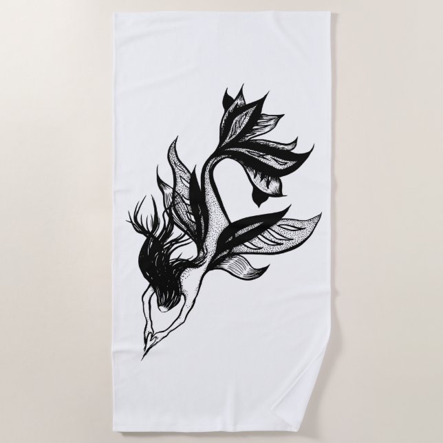 Mermaid Tattoo Style Stipple Schattierter Tinte Ge Strandtuch (Vorderseite)