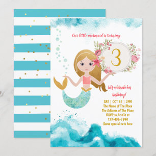 Mermaid Thema unter dem Sea Baby Girl 3. Geburtsta Einladung