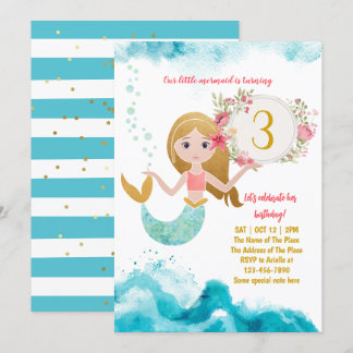 Mermaid Thema unter dem Sea Baby Girl 3. Geburtsta Einladung