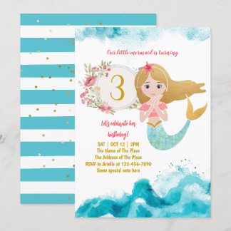 Mermaid Thema unter dem Sea Baby Girl 3. Geburtsta Einladung
