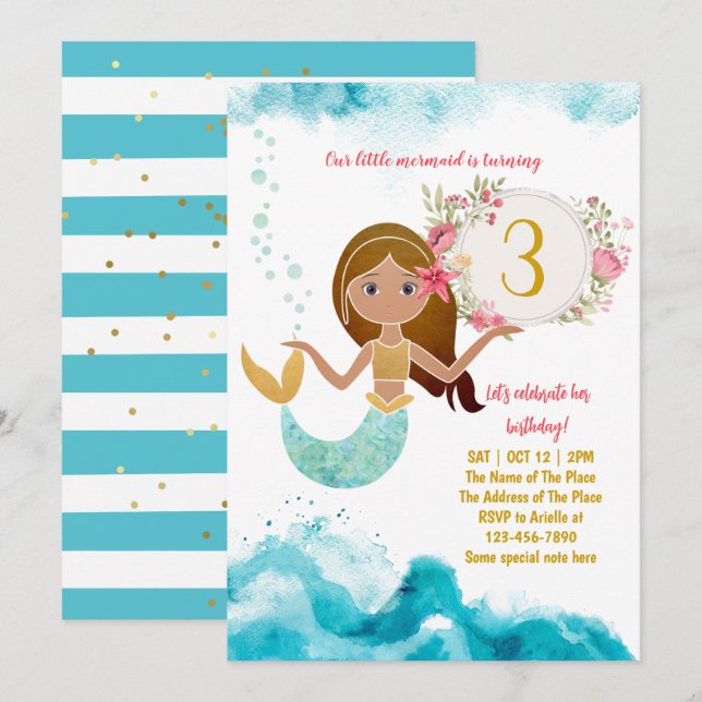 Mermaid Thema unter dem Sea Baby Girl 3. Geburtsta Einladung (Vorne/Hinten)