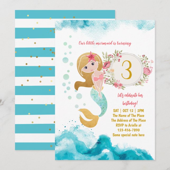 Mermaid Thema unter dem Sea Baby Girl 3. Geburtsta Einladung (Vorne/Hinten)