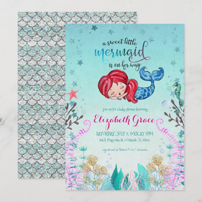 Mermaid Thème Baby shower Invitation (Devant / Derrière)