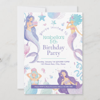 Mermaid Thème Enfant's Birthday Party Invitation C