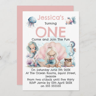 Mermaid Themed 1st Birthday Invitation Einladung