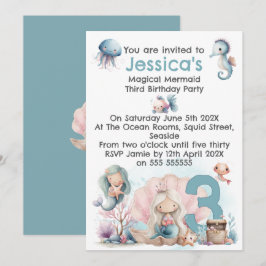 Mermaid Themed 3rd  Birthday Invitation