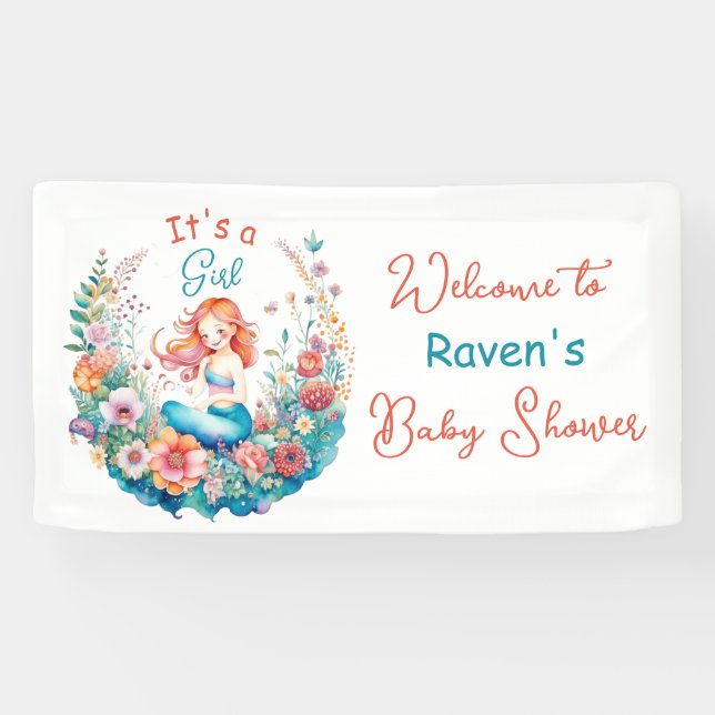 Mermaid Themed Floral Girl's Baby Shower Banner (Horizontal)