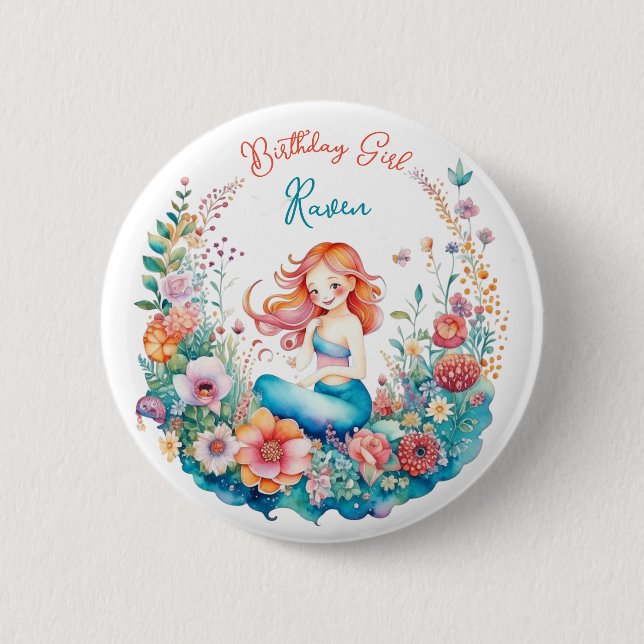 Mermaid Themed Girl's Birthday Girl Button (Vorderseite)