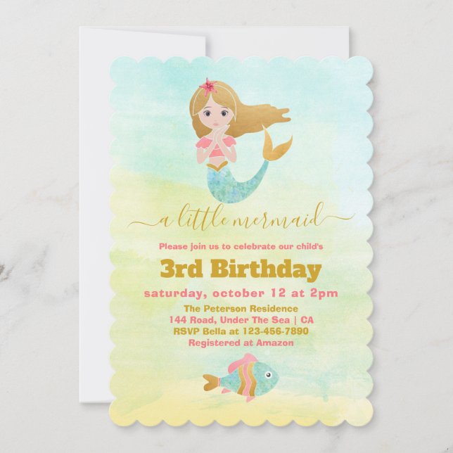Mermaid Themed Party 3. Geburtstag Einladung (Vorderseite)