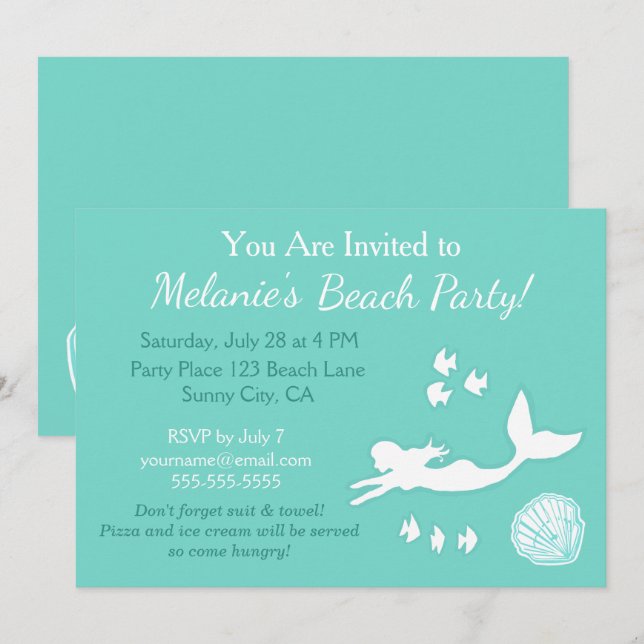 Mermaid Turquoise Beach Party Invitation personnal (Devant / Derrière)